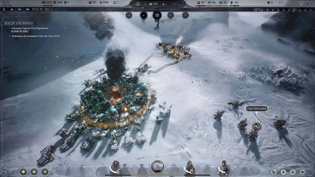 Der Generator in der Mitte - Die Stadtviertel drumrum. Soweit ist es wie Frostpunk 1