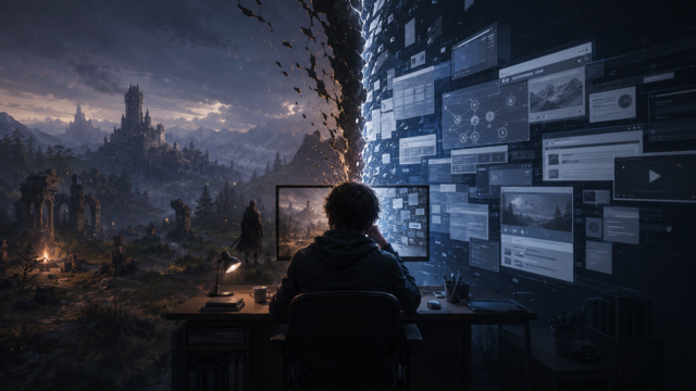 Person sits at a desk with a glowing wall of floating screens on the right and a ruined medieval landscape on the left, split by a glowing crack—tech meets fantasy.